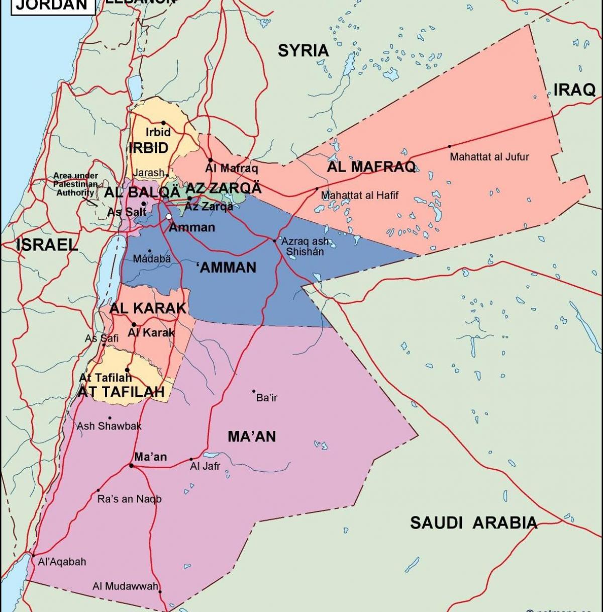 karte Jordānija politisko