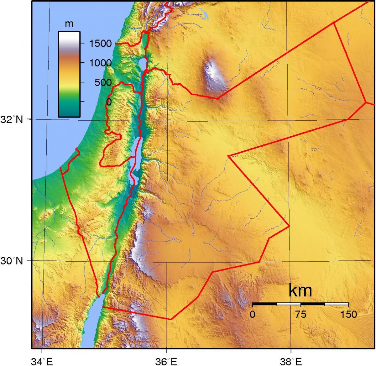 karte Jordānija topogrāfiskās